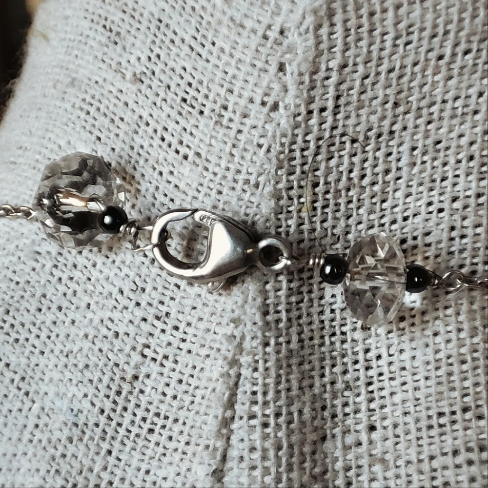 Vintage Rosary Clear Oval Faceted Glass Threaded Chain Silver Tone Necklace